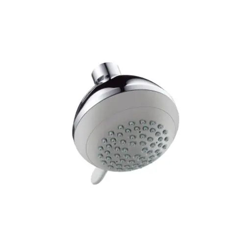 Kopfdusche von Hansgrohe mit runder, glatter Oberfläche und mehreren Aussparungen für den Wasserstrahl. Verbindungsstück oben zur Montage sichtbar.